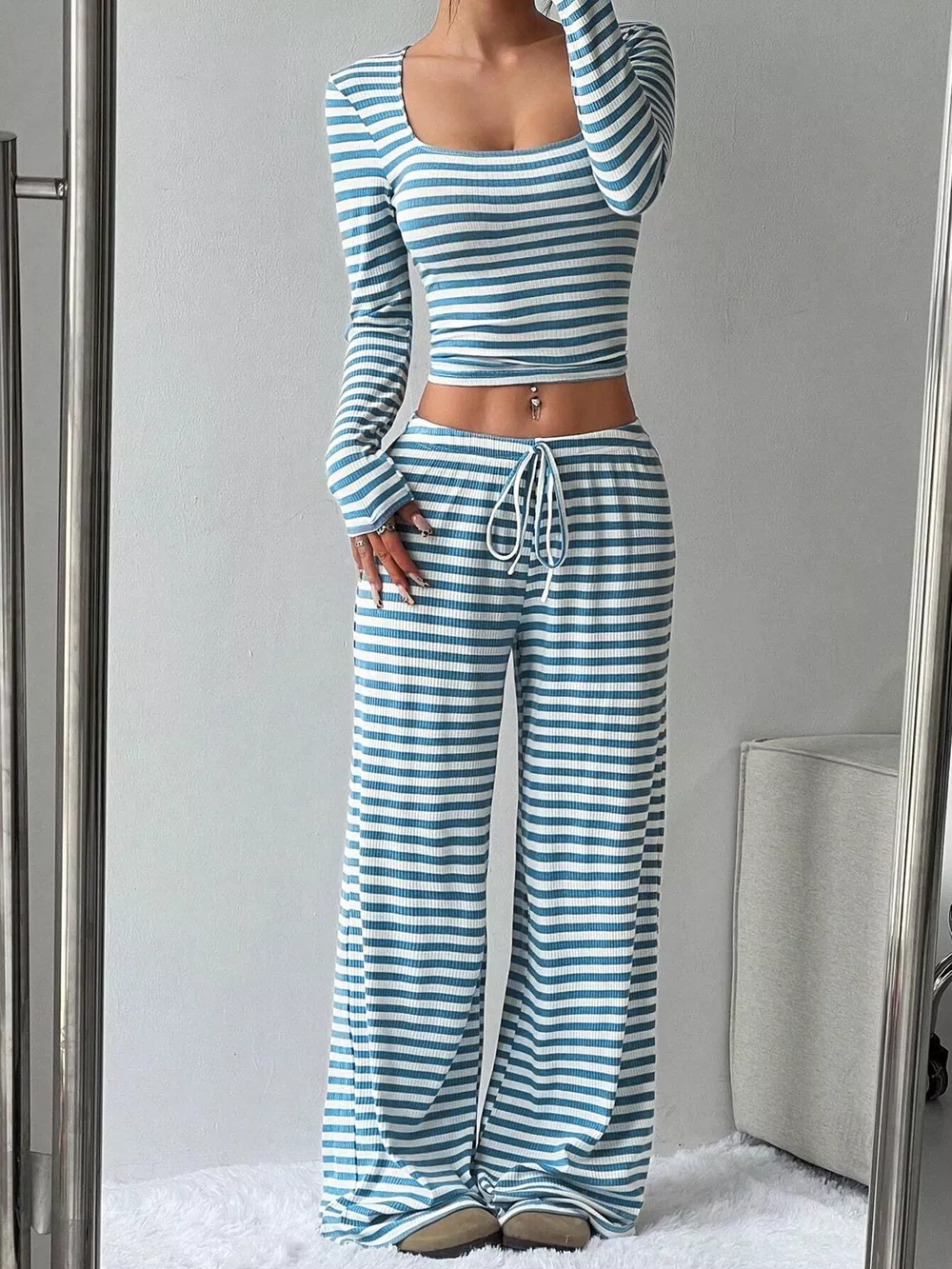 Striped Long Sleeve Crop Top & Wide Leg Pants Set, image 4