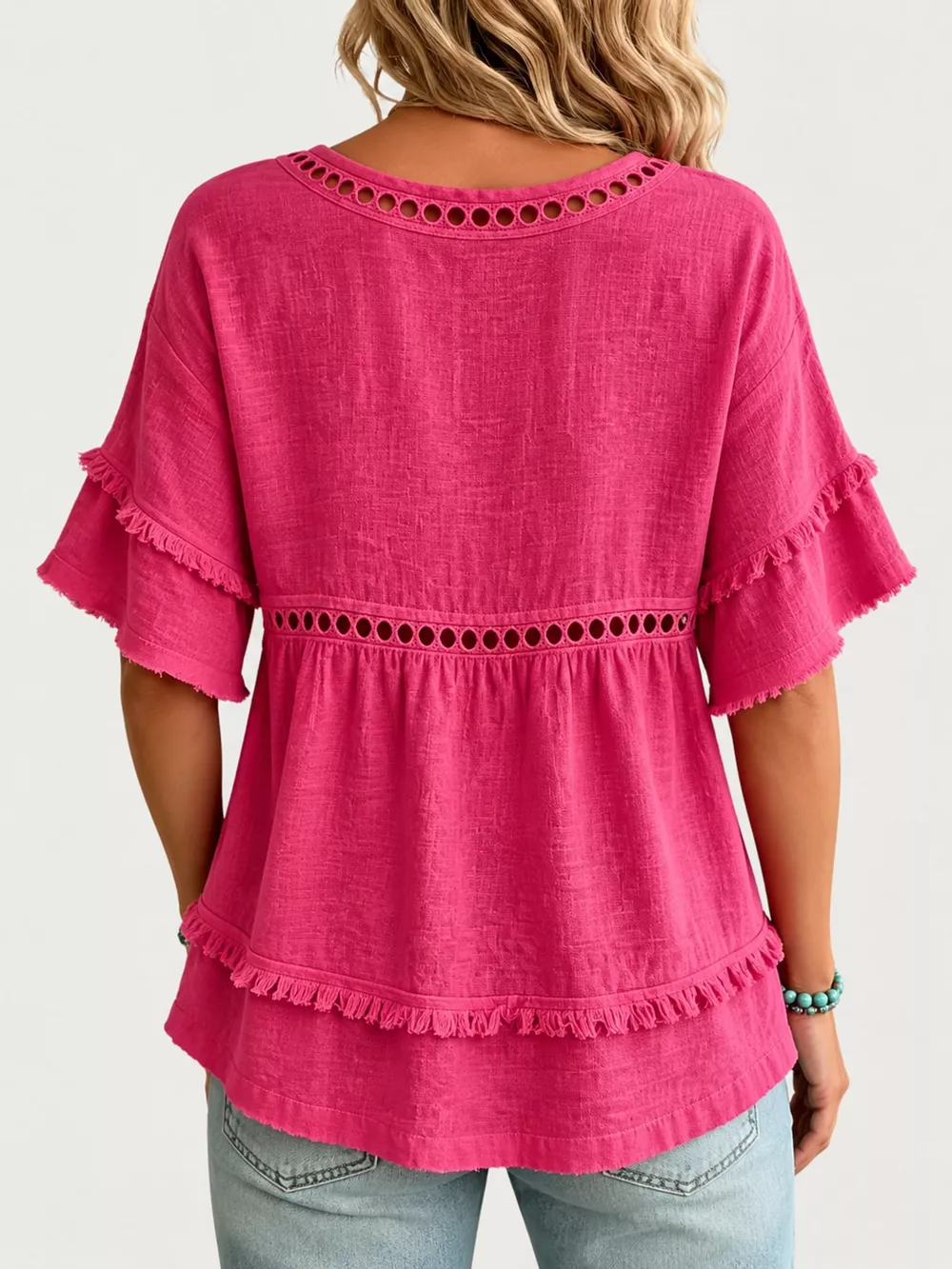 Full Size Frayed Hem V-Neck Blouse Plus Size, image 13