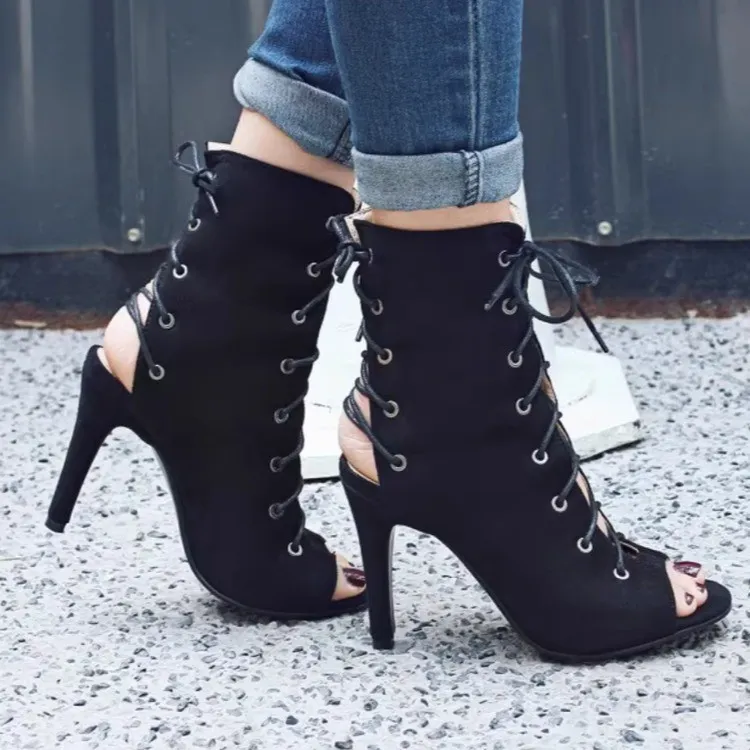 Peep Toe Lace-Up High Heel Boots, image 3