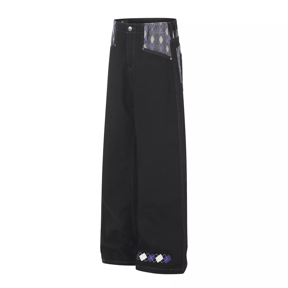 Men's High-Waisted Wide-Leg Jeans with Argyle Pattern Accents, image 2