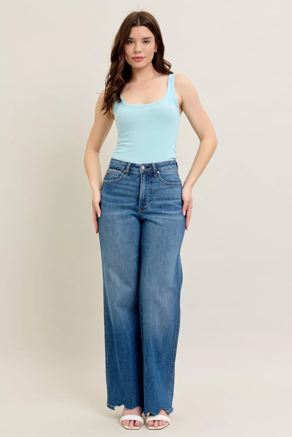 Full Size High Waist Tummy Control Chew Hem Destroy Wide Jeans Plus Size, image 18