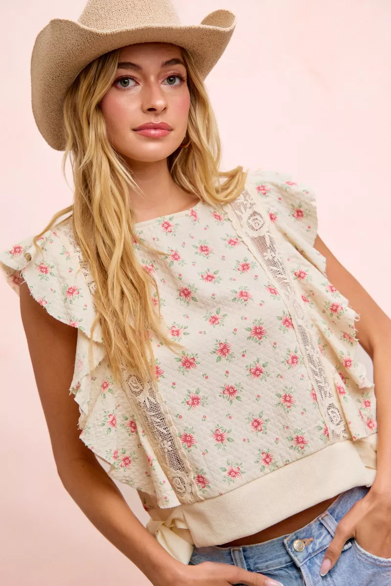 BiBi Flower Printed Ruffle Sleeve Trim Detail Top, image 38