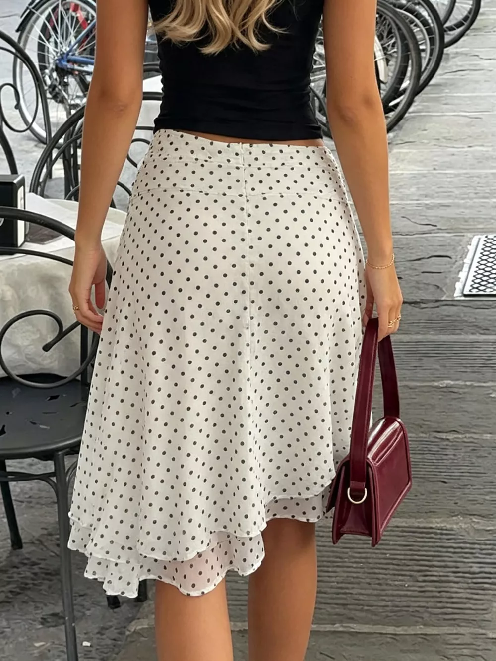 Polka Dot Ruched Waist Midi Skirt, image 3