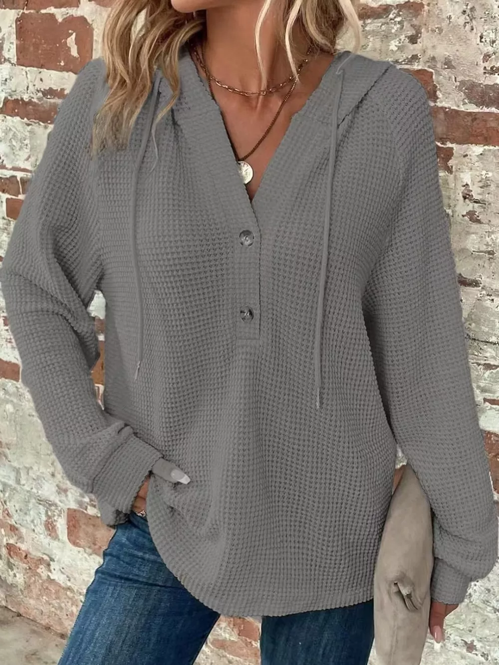 Full Size Waffle Knit Button Detail Hoodie Plus Size, image 32
