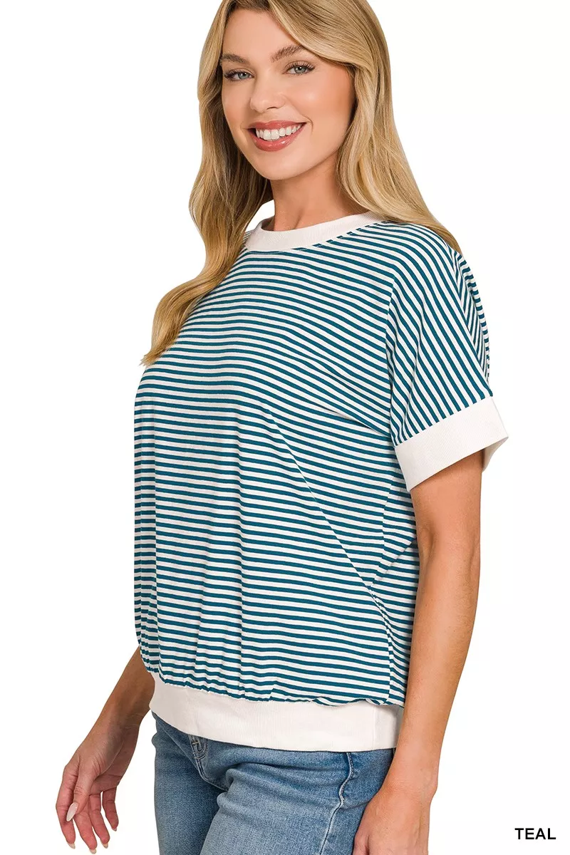 Stripe Contrast Trim Banded Bottom Top, image 3