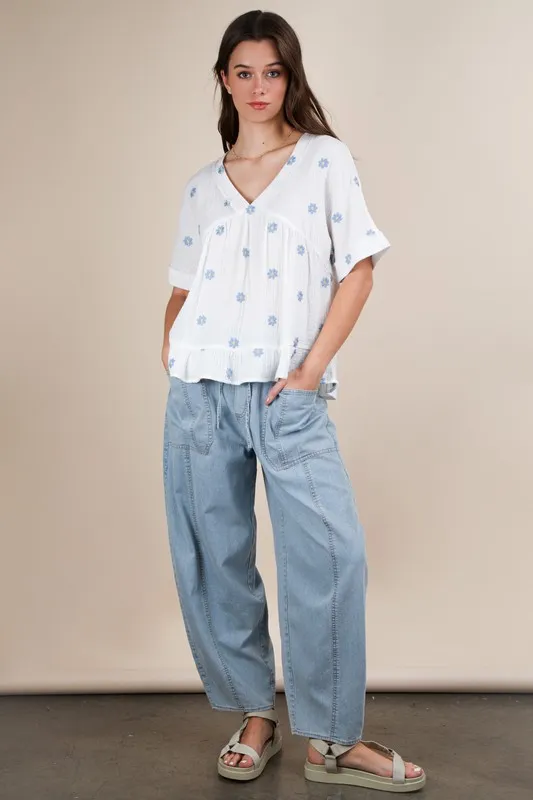 Flower Embroidered Woven Blouse