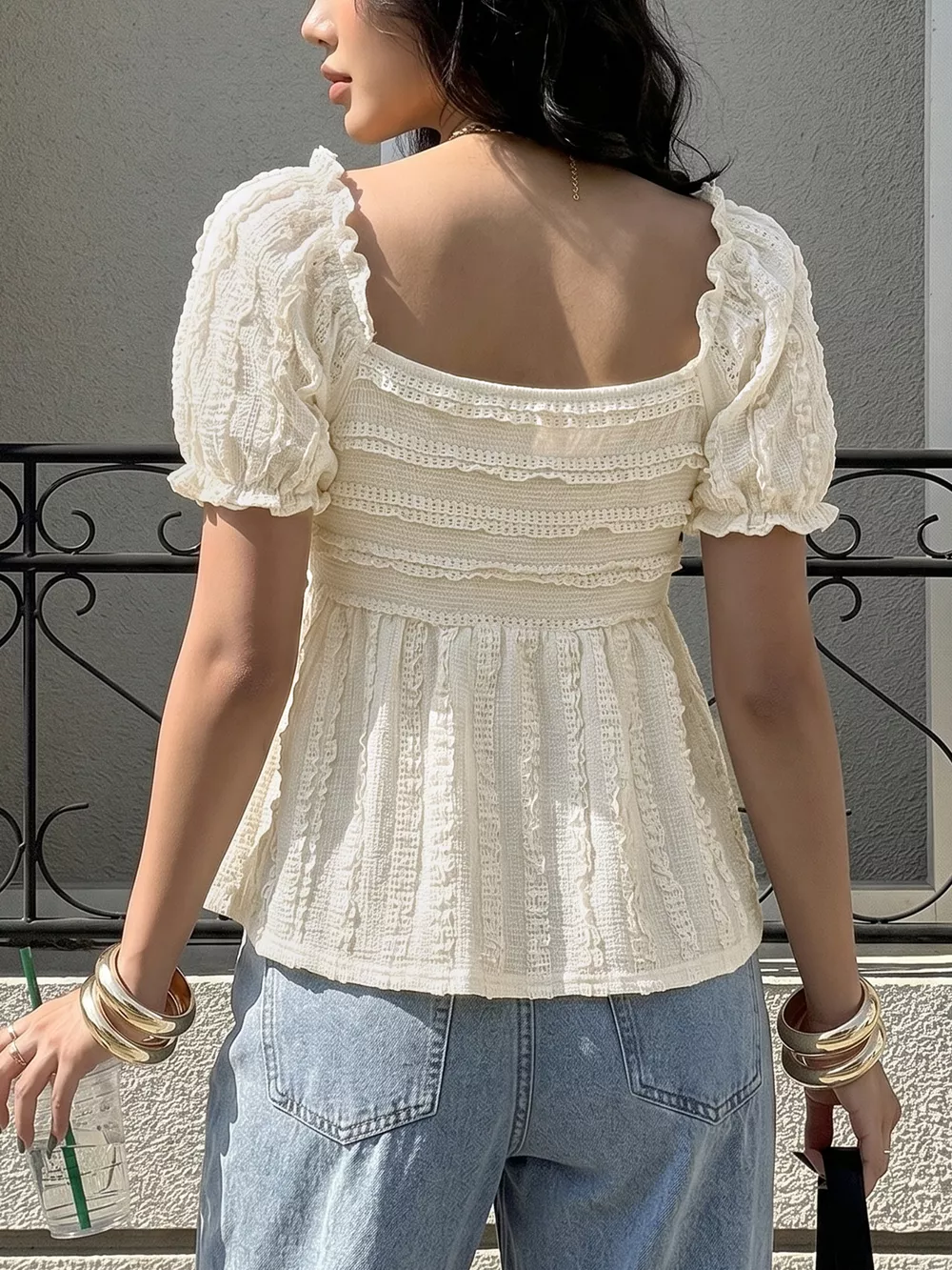 Textured Sweetheart Neck Puff Sleeve T-Shirt, image 8