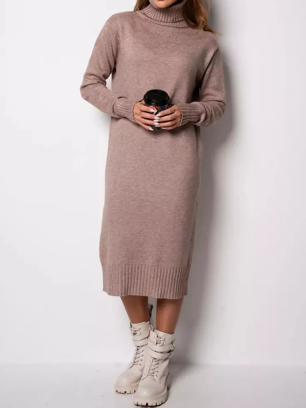 Turtleneck Ribbed Knit Sweater Dress, image 16