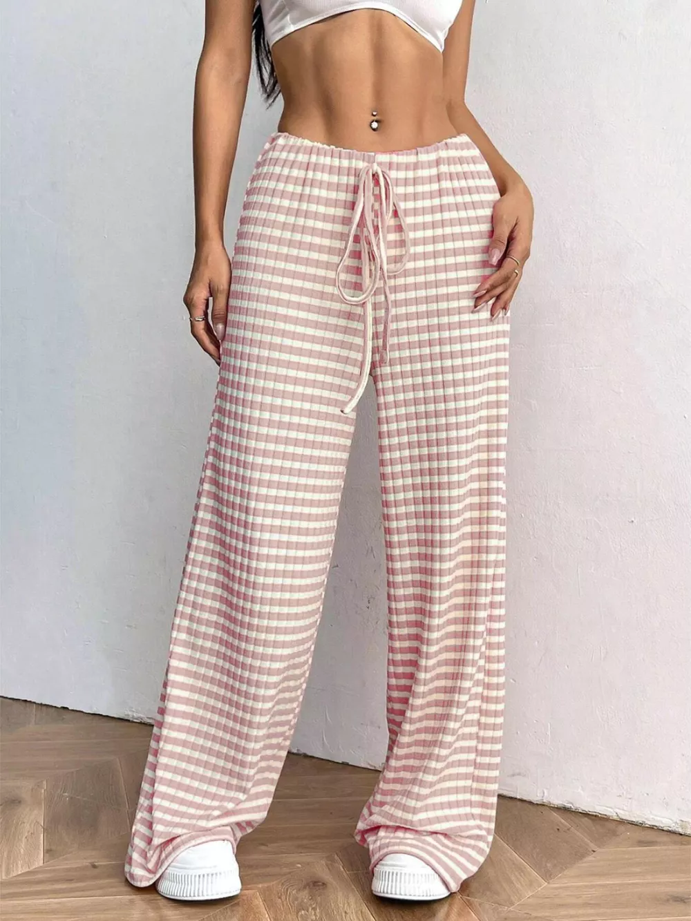 Striped Ribbed Knit Drawstring Waist Wide Leg Pants, image 4