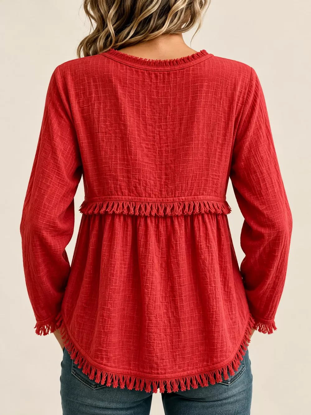 Full Size Fringed Trim V-Neck Long Sleeve Blouse Plus Size, image 66