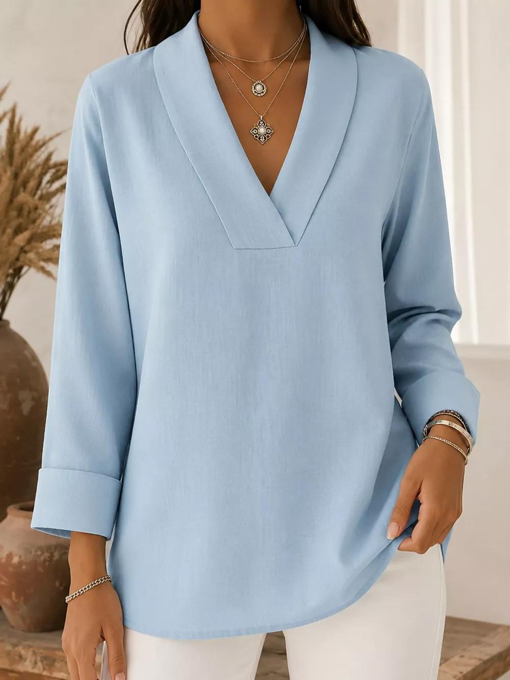 Full Size V-Neck Long Sleeve Blouse Plus Size