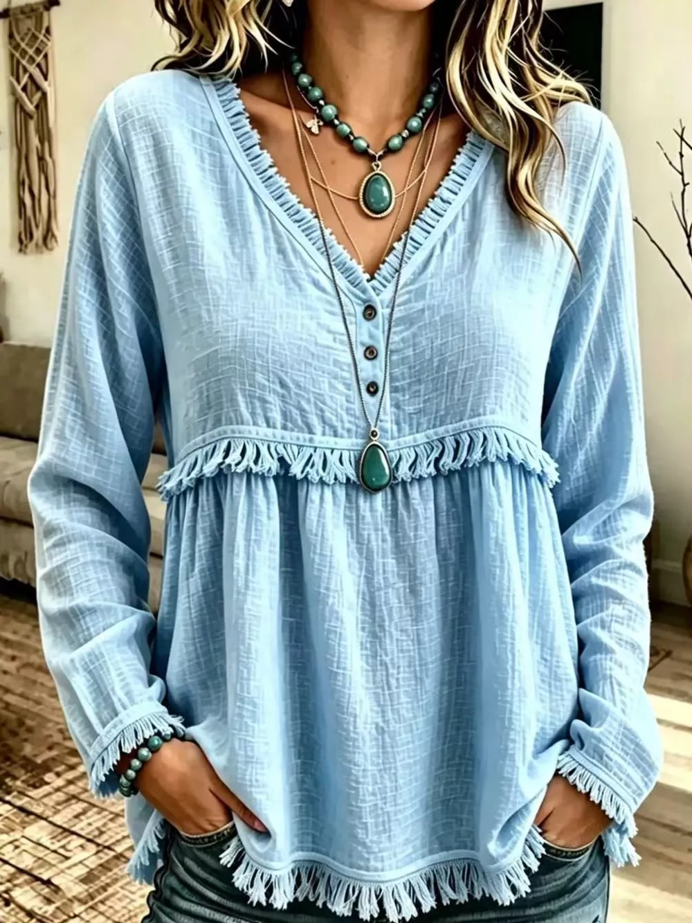 Full Size Fringed Trim V-Neck Long Sleeve Blouse Plus Size, image 28