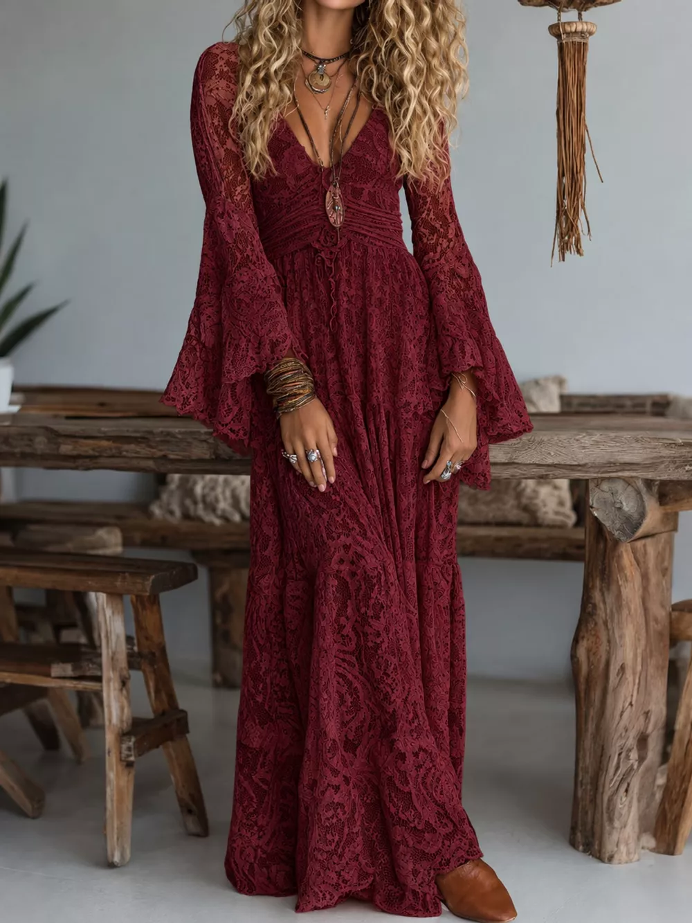 V-Neck Lace Flare Sleeve Maxi Dress, image 10