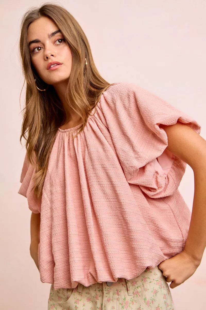 Stripes Textured Shirred Neckline Bubble Hem Top, image 11