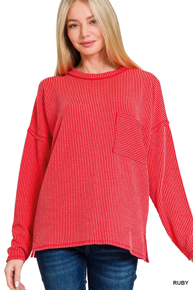 Long Sleeve Drop Shoulder Rib Top, image 2