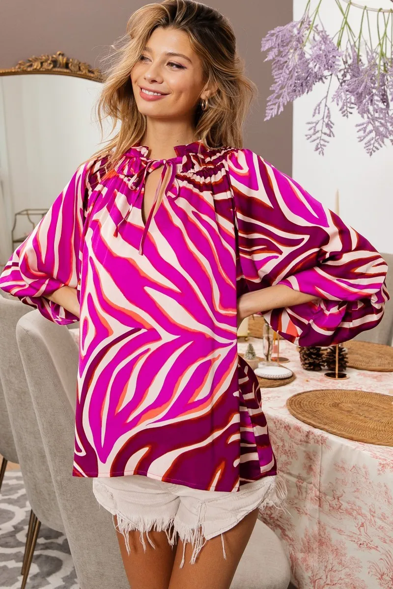 Tied Neck Half Balloon Sleeve Zebra Satin Top, image 8
