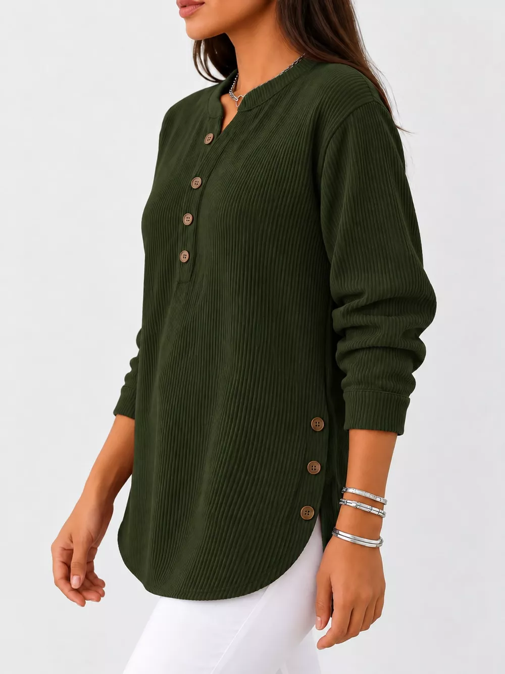 Full Size Button Detail Long Sleeve Top Plus Size, image 17