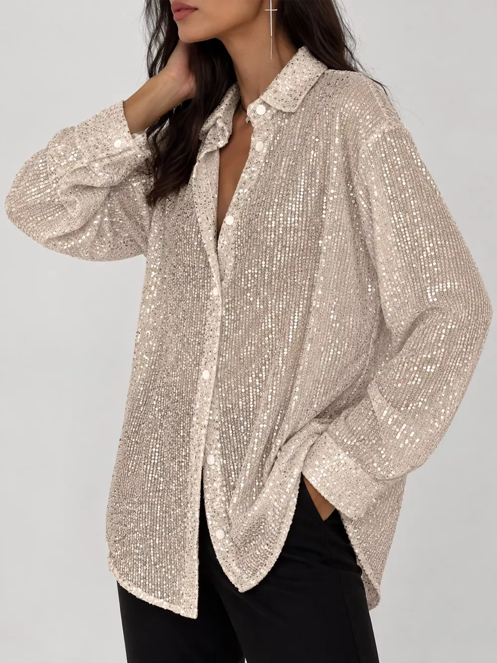 Full Size Sequin Button-Down Shirt Plus Size, image 2