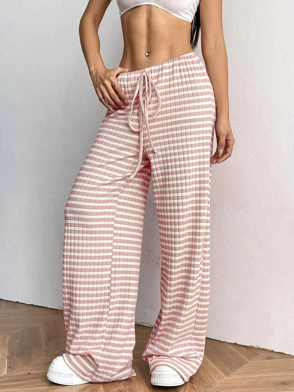 Striped Ribbed Knit Drawstring Waist Wide Leg Pants, image 2