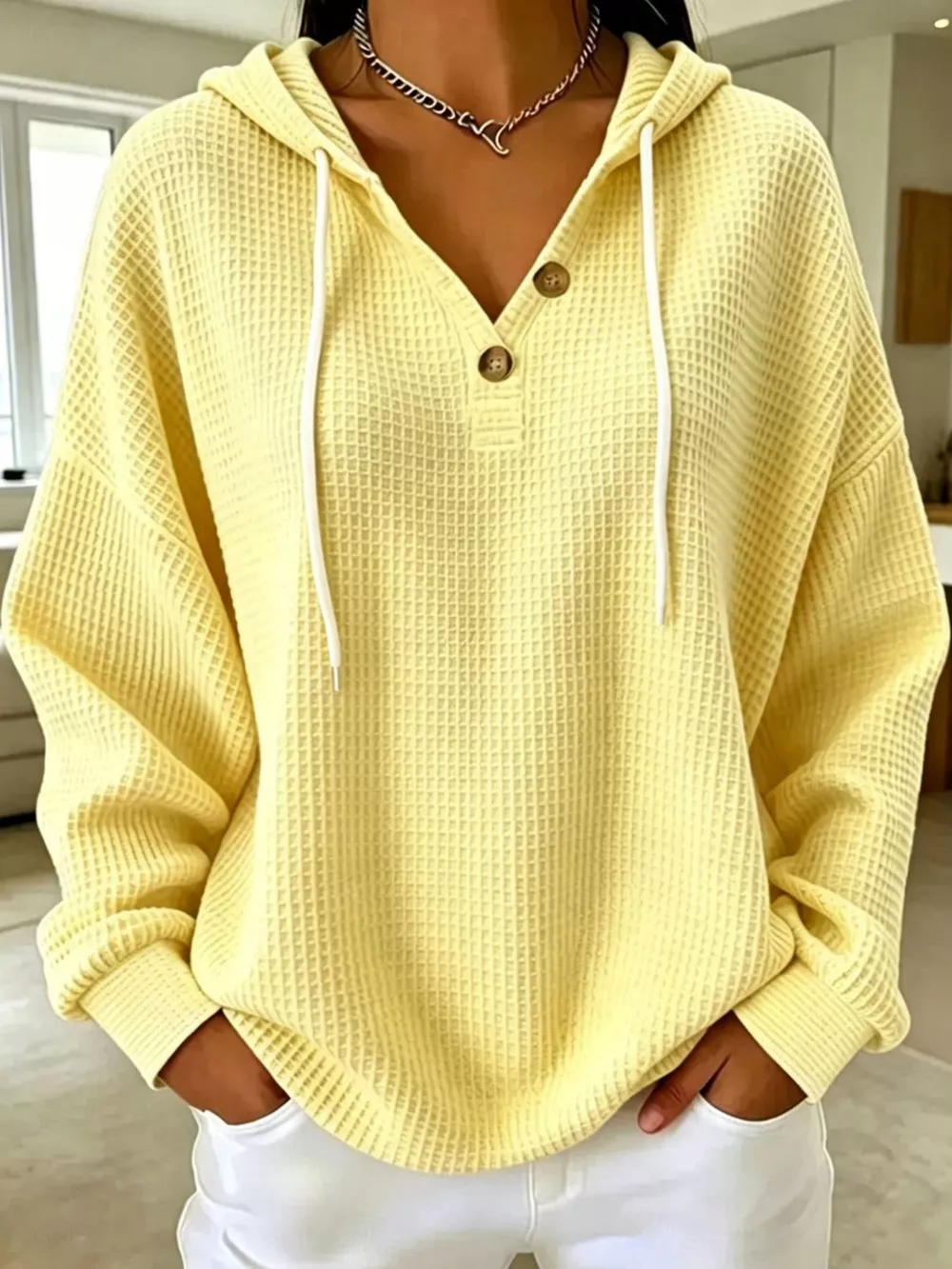Full Size Waffle Knit Button Detail Hoodie Plus Size, image 10