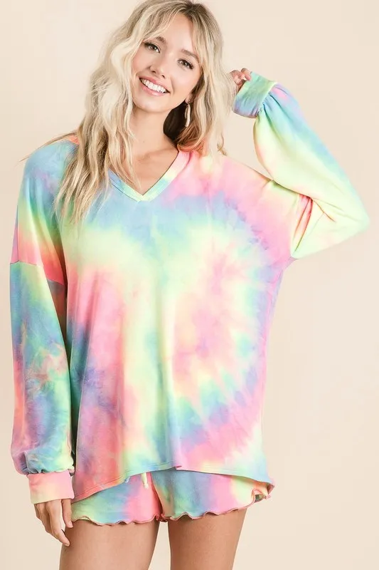 Tie Dye French Terry Top With Balloon Sleeves