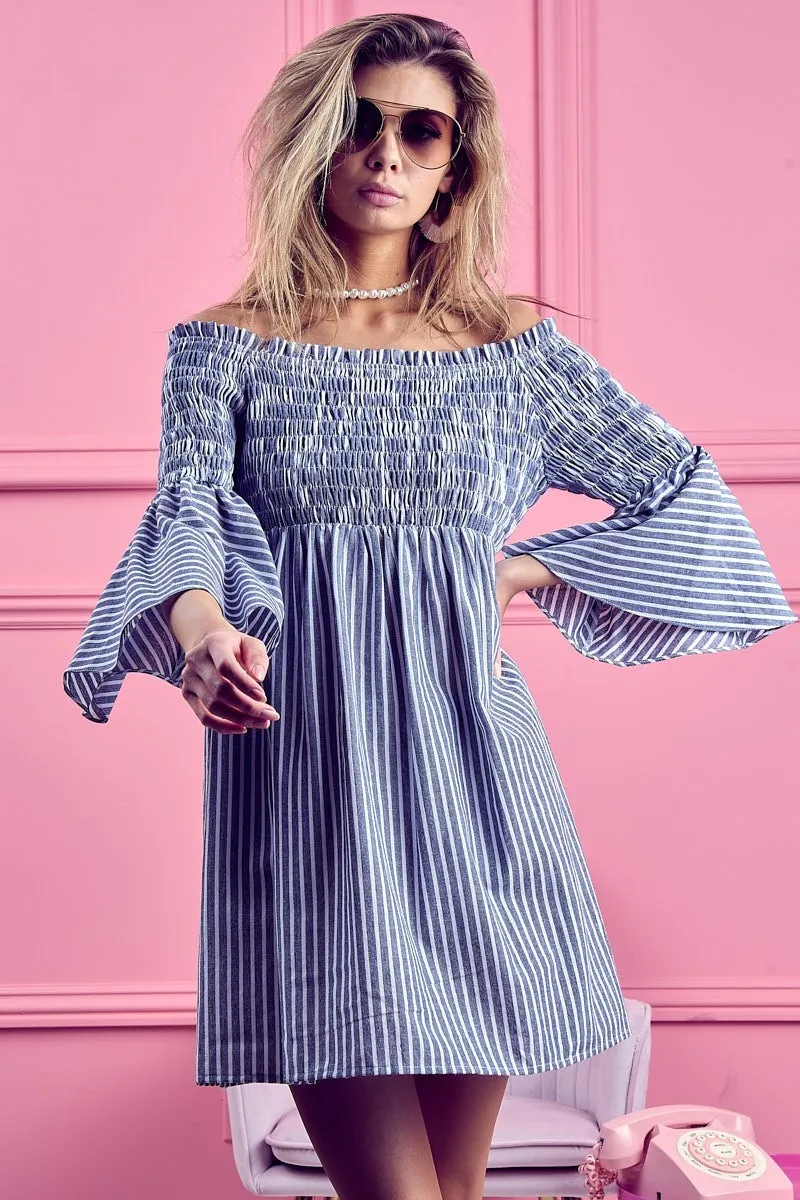 Smocked Off Shoulder Striped Dress, image 3
