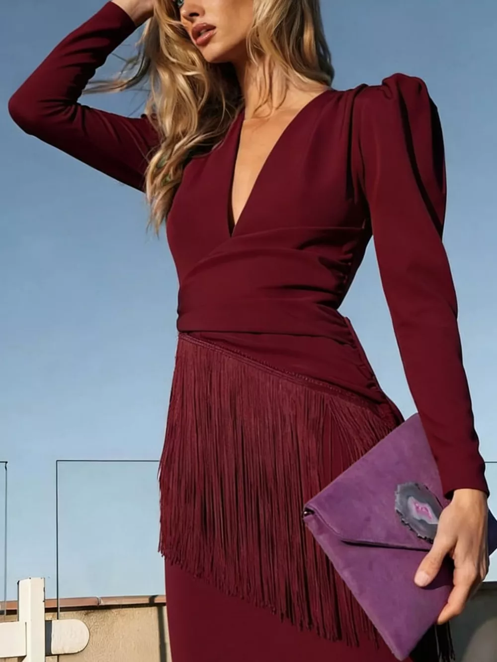 Fringed V-Neck Puff Sleeve Maxi Dress, image 22