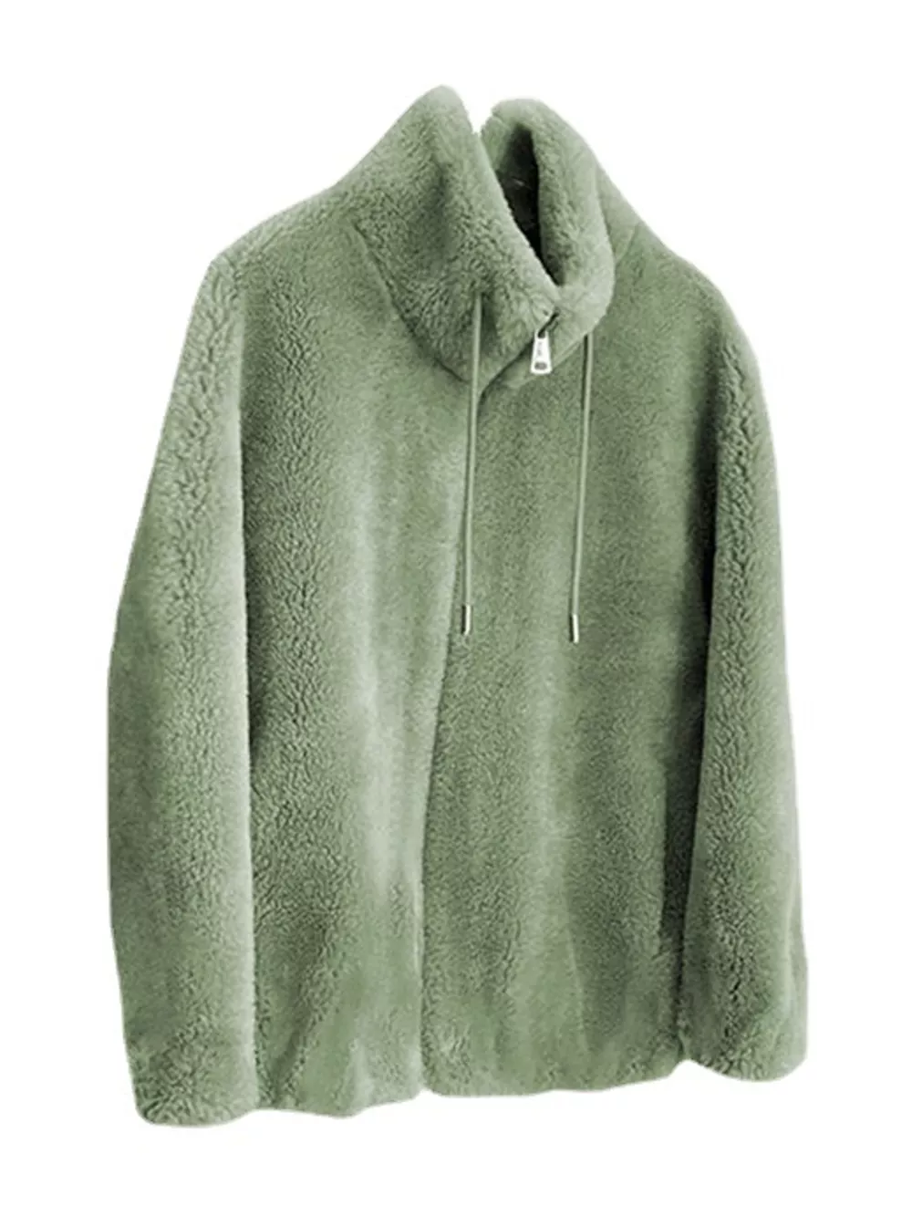 Full Size Drawstring Faux Fur Stand-Collar Zip-Up Outerwear Plus Size, image 5