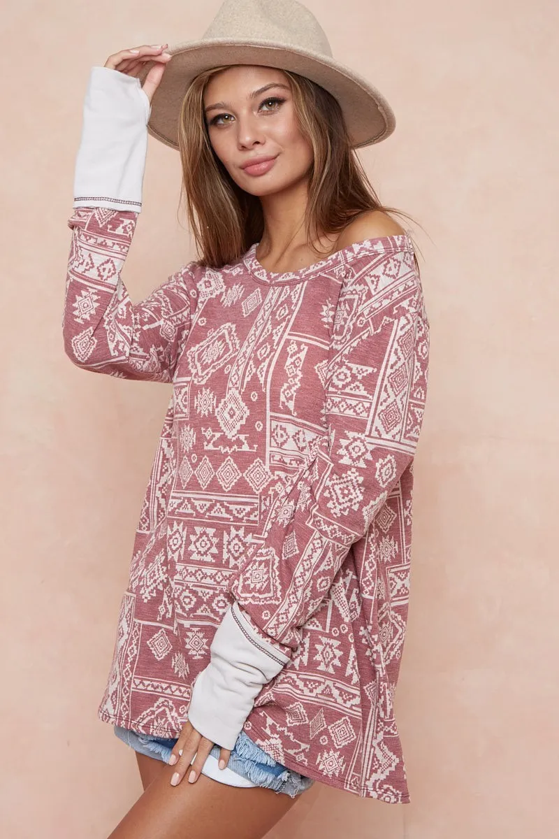 Aztec Print French Terry Top with Thumb Opening, image 3
