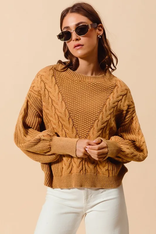 Mineral Washed Loose Fit Textured Cable Sweater, image 2