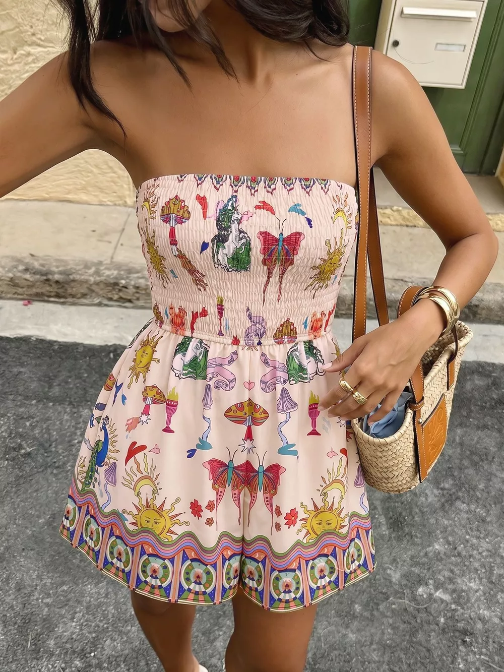 Butterfly Print Smocked Tube Romper, image 3