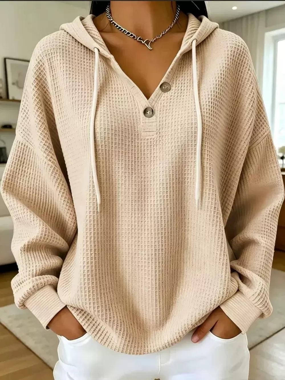 Full Size Waffle Knit Button Detail Hoodie Plus Size, image 50