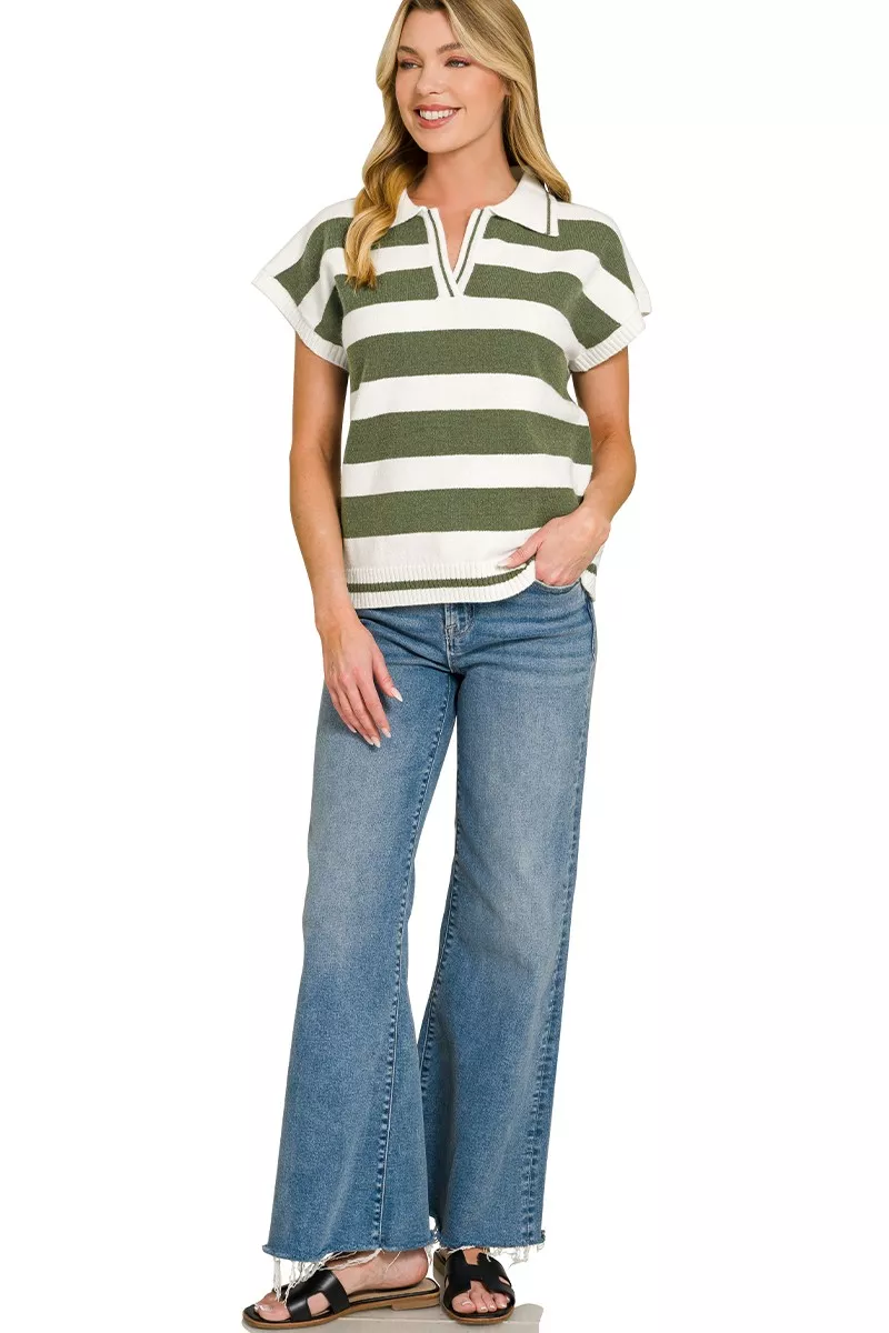 Striped Collared Short Sleeve Sweater, image 3