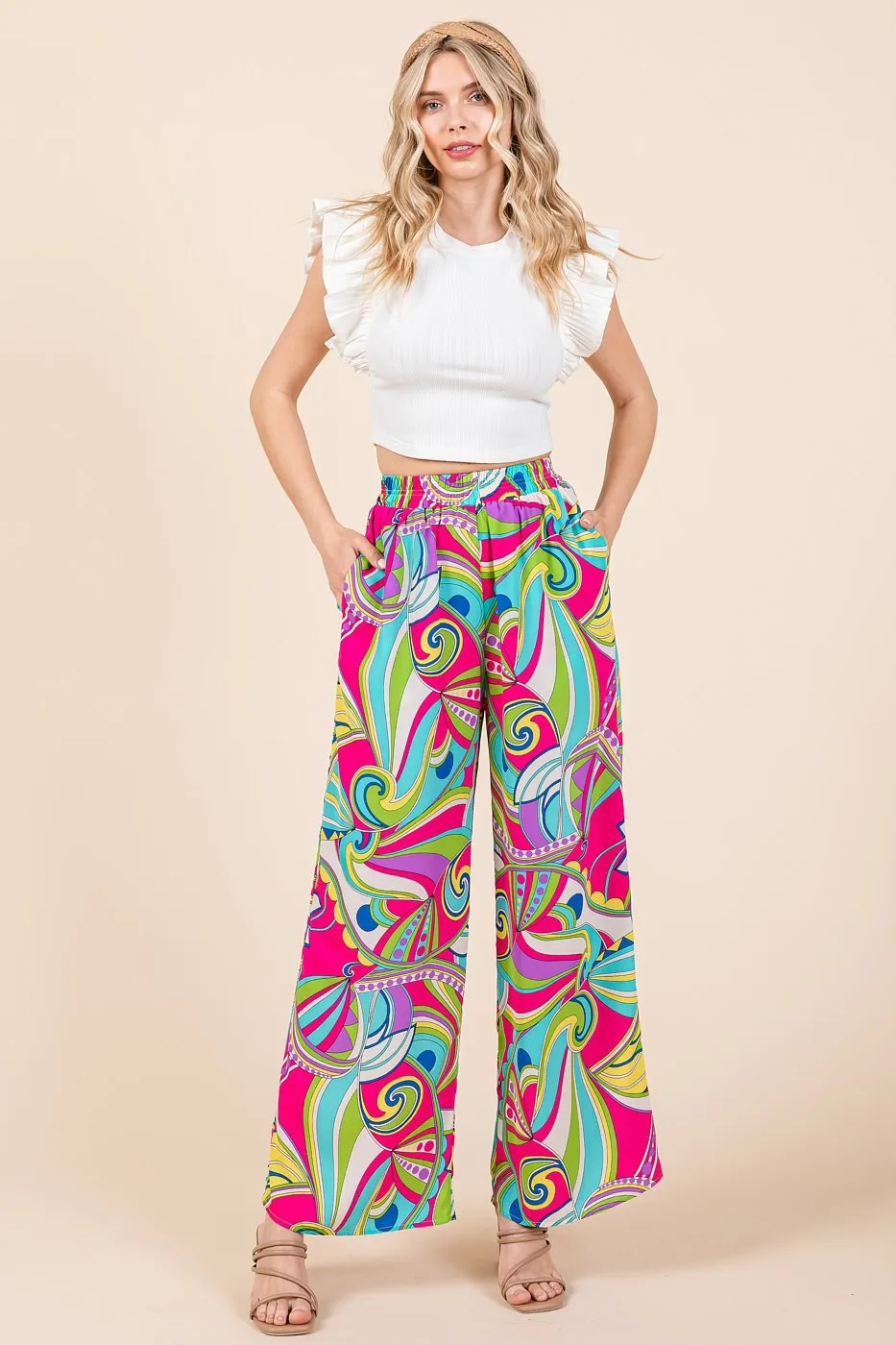 Abstract Print Elastic Waist Wide Leg Pants, image 5