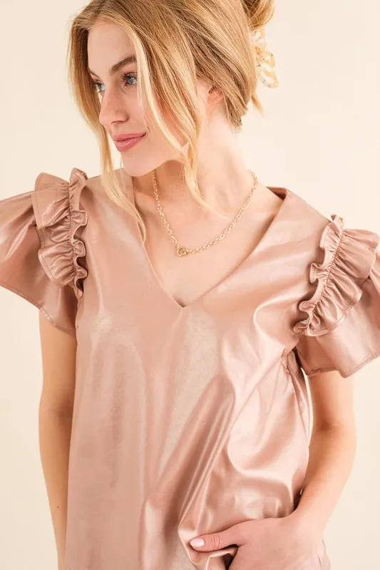 Faux Leather Ruffle Sleeves V Neck Top, image 9