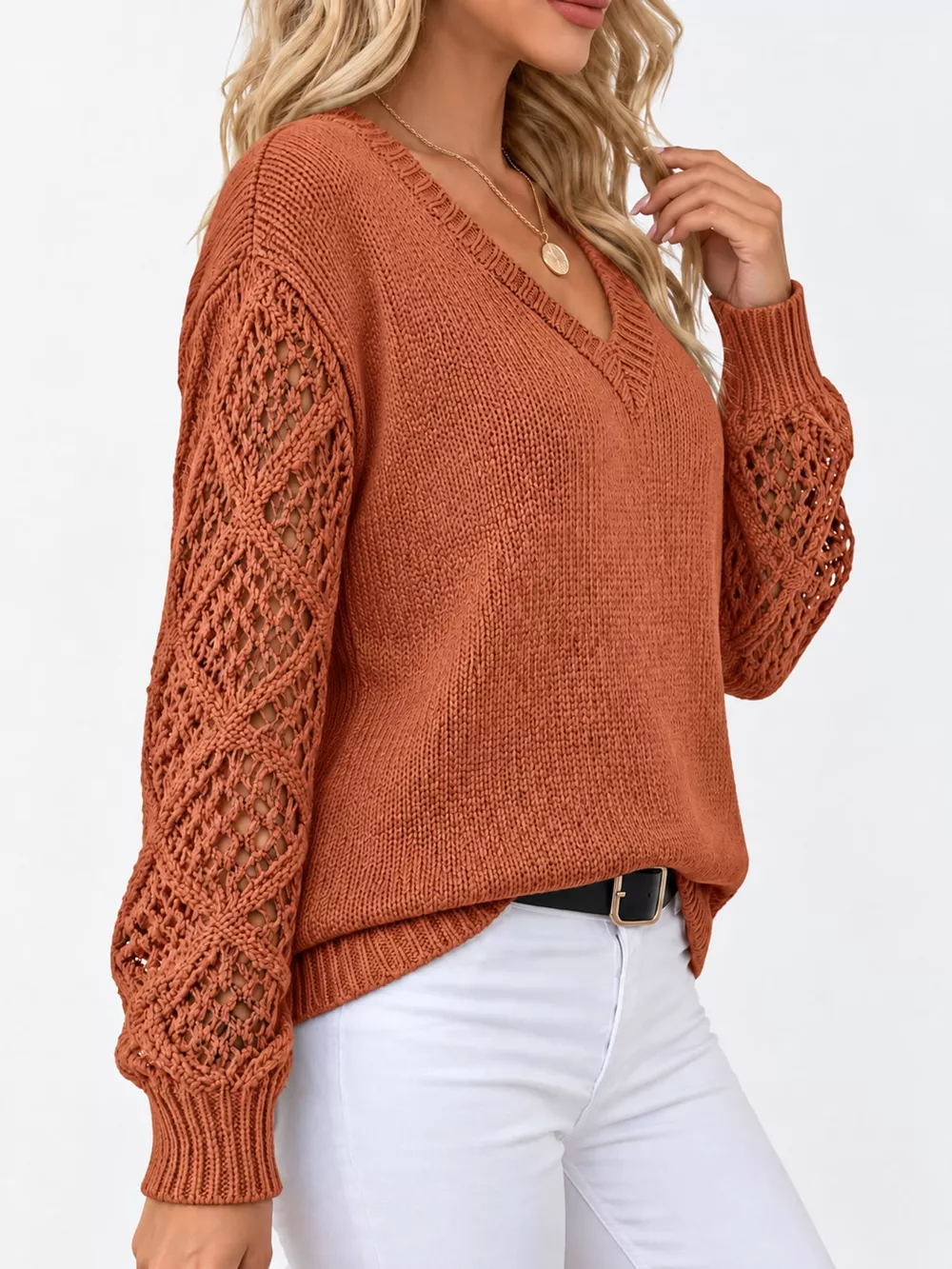 Full Size V-Neck Hollow-Out Long Sleeve Sweater Plus Size, image 3