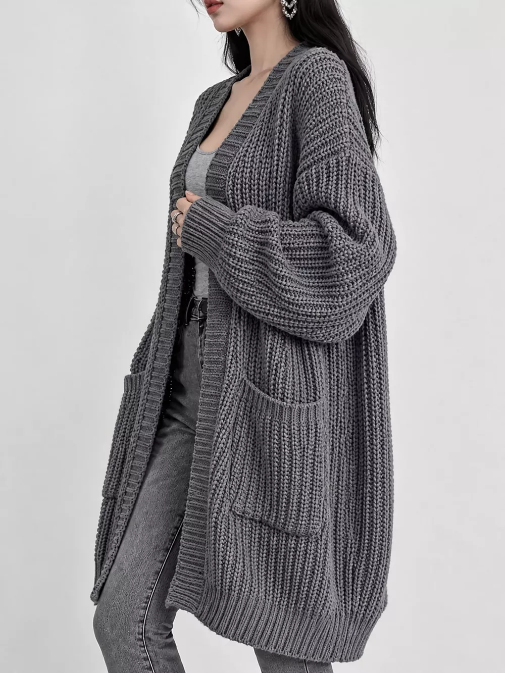 Full Size Chunky Knit Openwork Front Longline Cardigan Plus Size, image 6