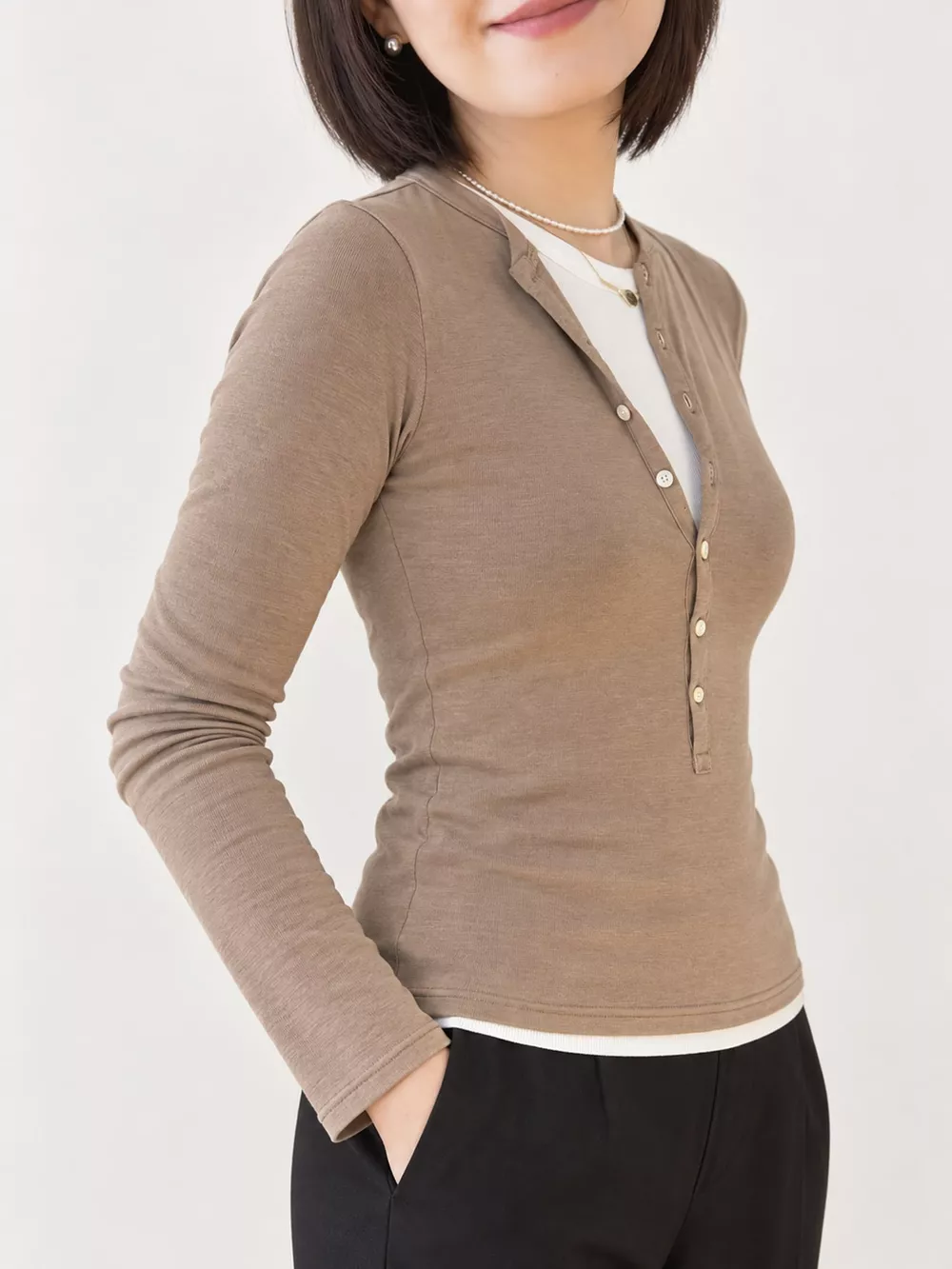 Slim-Fit Button-Down Long Sleeve Knit Top, image 10