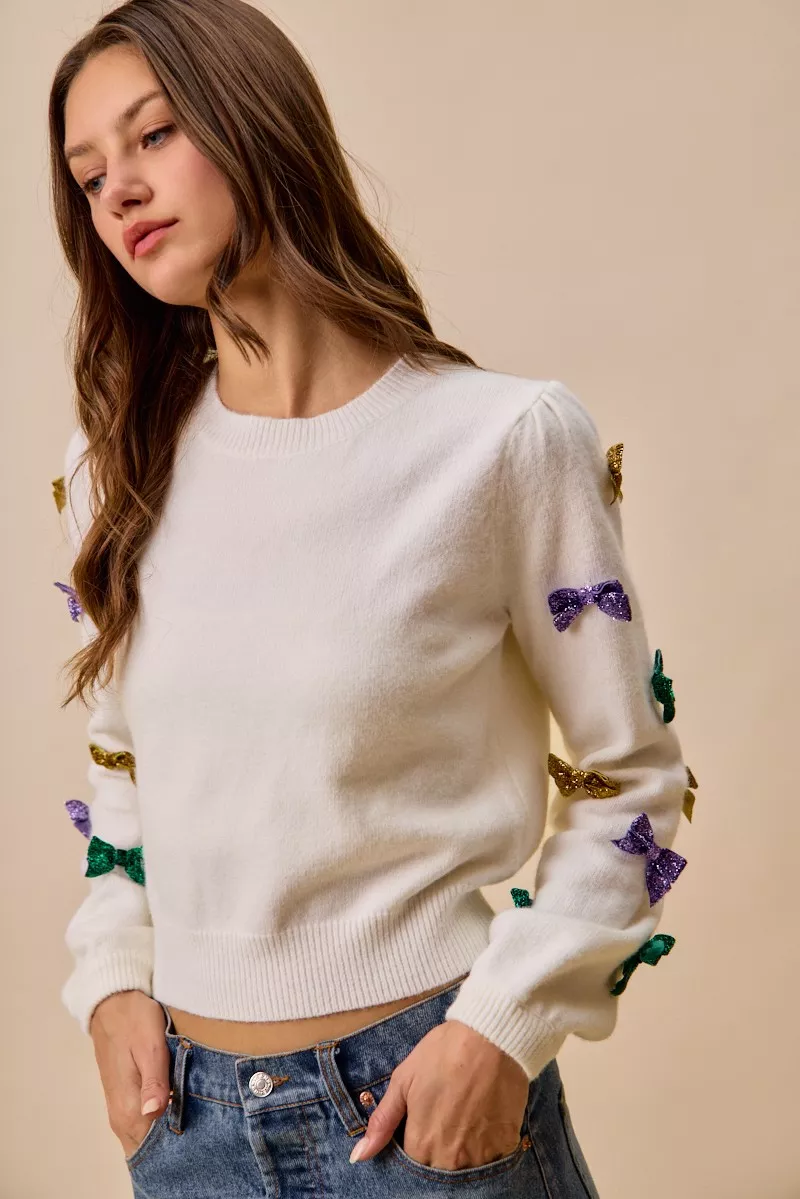 Mardi Gras Glitter Bow Ribbon Sweater Knit Top, image 24