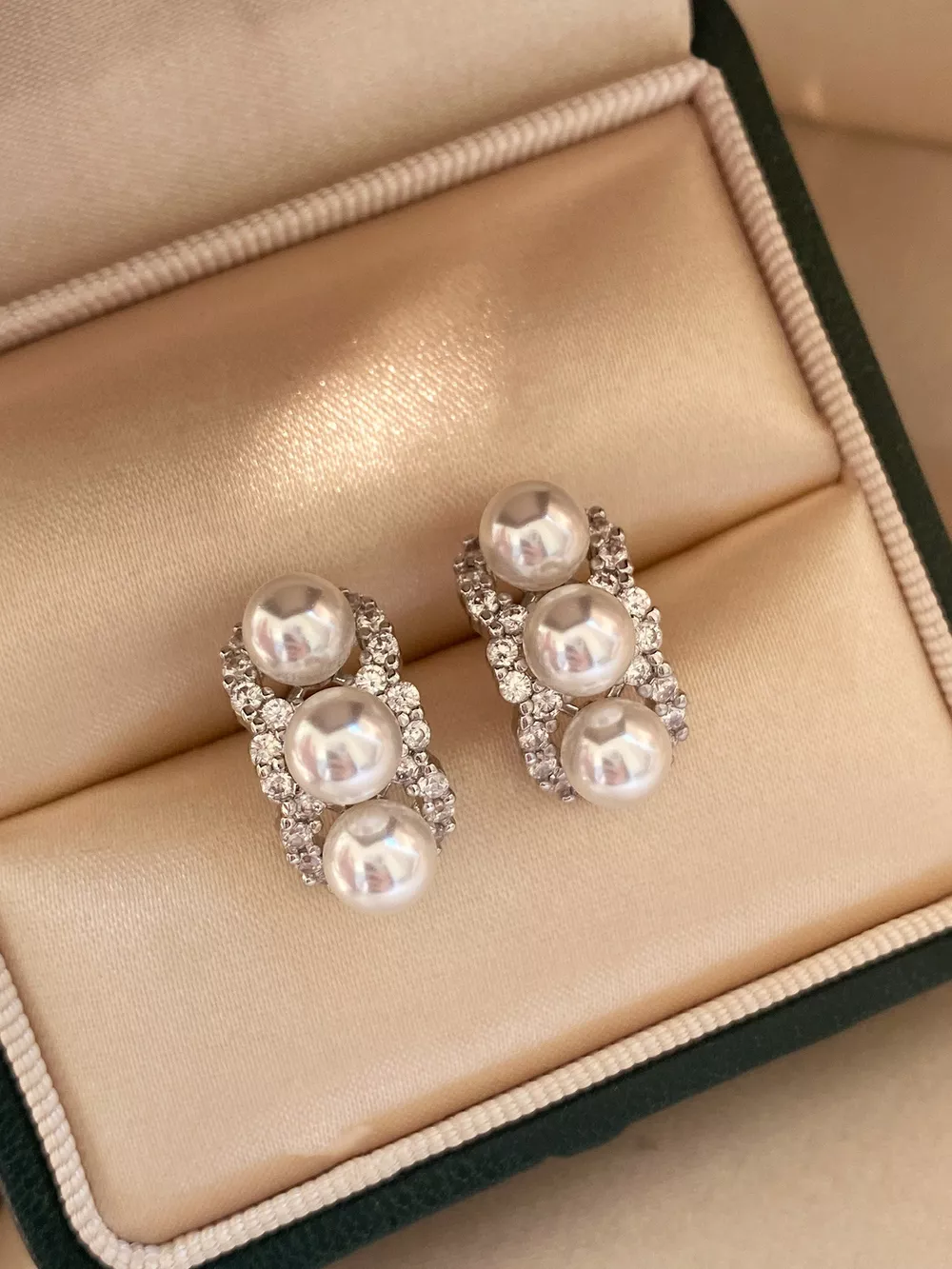 Zircon Triple Pearl Drop Earrings, image 2