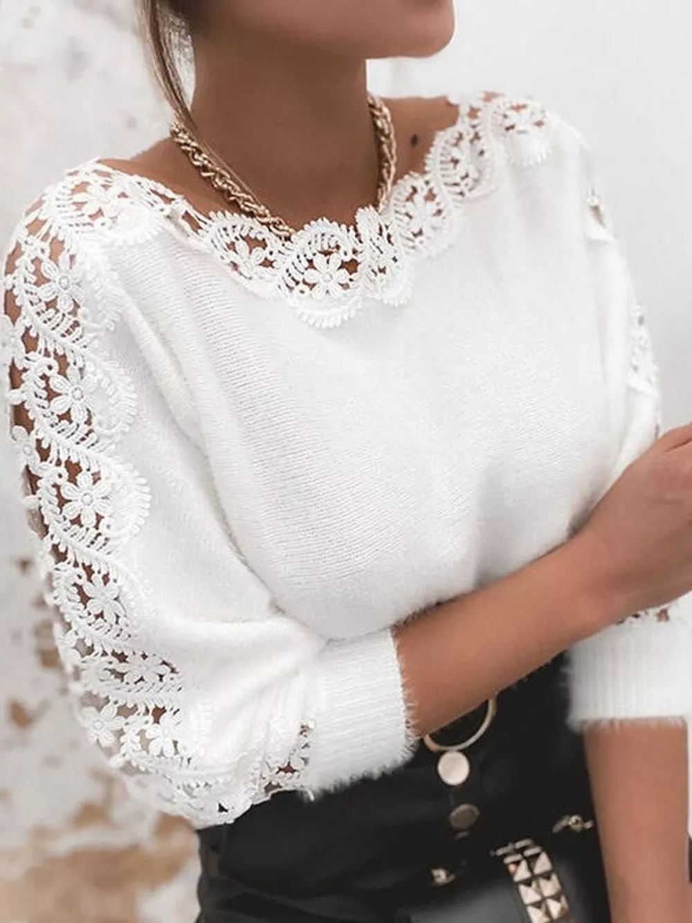 Lace-Trimmed Long Sleeve Sweater, image 2