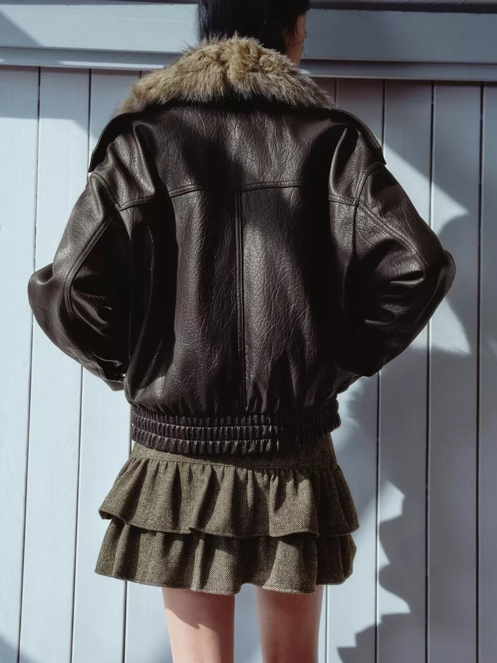 Faux Fur Collar Leather Bomber Jacket, image 2