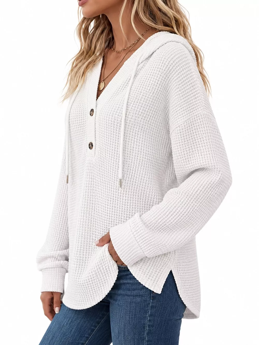 Full Size Waffle Knit Button Detail Hoodie Plus Size, image 14