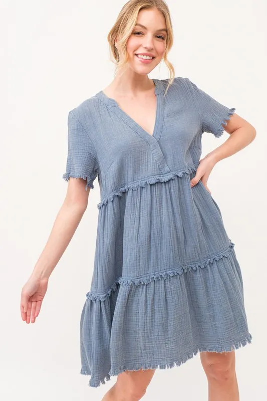 Washed Frayed Detail Tiered Dress, image 2