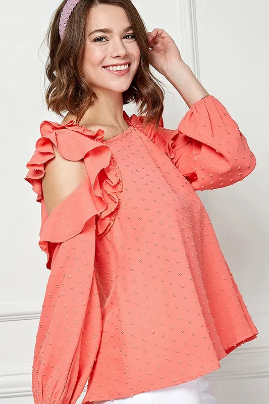 Ruffle Trim Cold Shoulder Swiss Dot Blouse, image 2