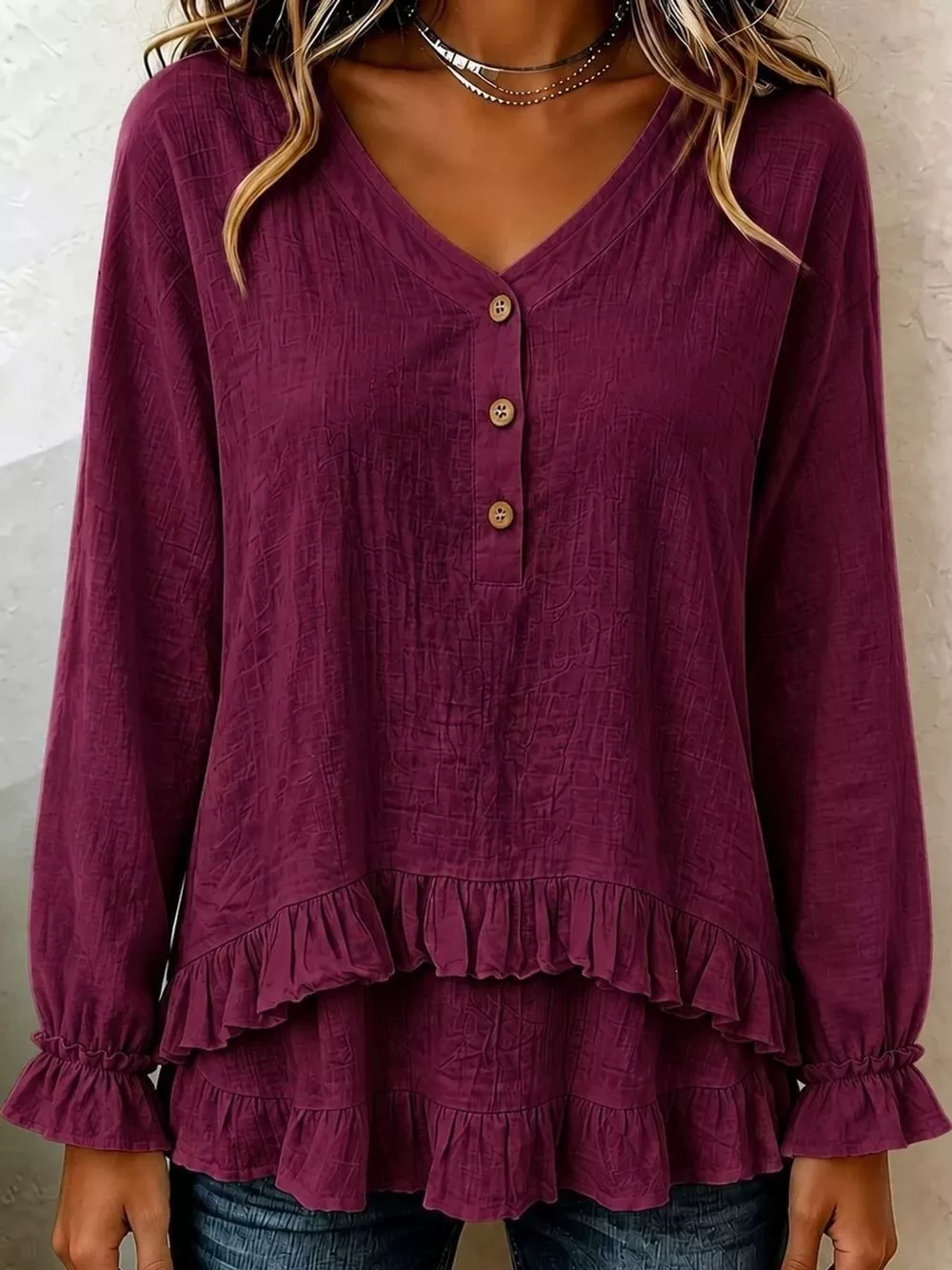 V-Neck Long Sleeve Ruffled Hem Blouse, image 10