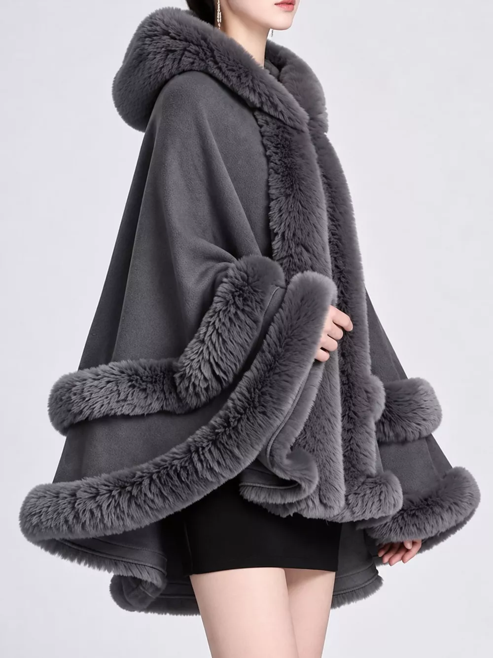 Faux Fur Trimmed Hooded Cape, image 8