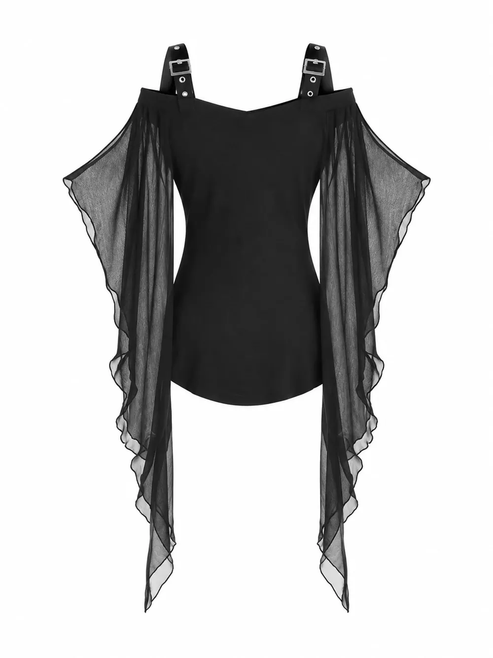 Halloween Gothic Buckle Strap Mesh Sleeve Top, image 6