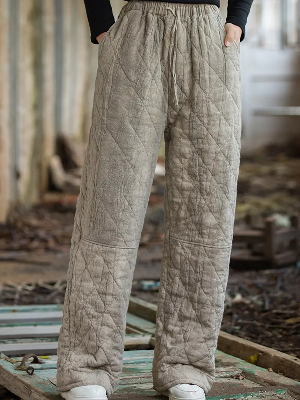 Quilted High-Waisted Wide-Leg Casual Pants, image 3
