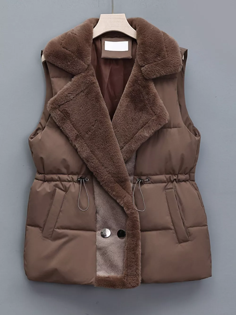 Faux Fur Trimmed Vest Coat with Drawstring Waist, image 3